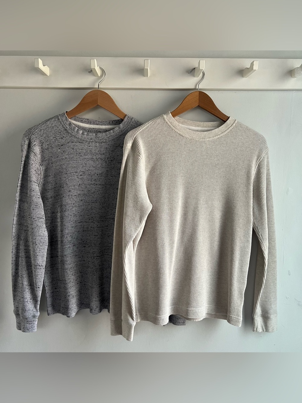 Waffle Knit Long Sleeve Top - Beige & Heather Gray